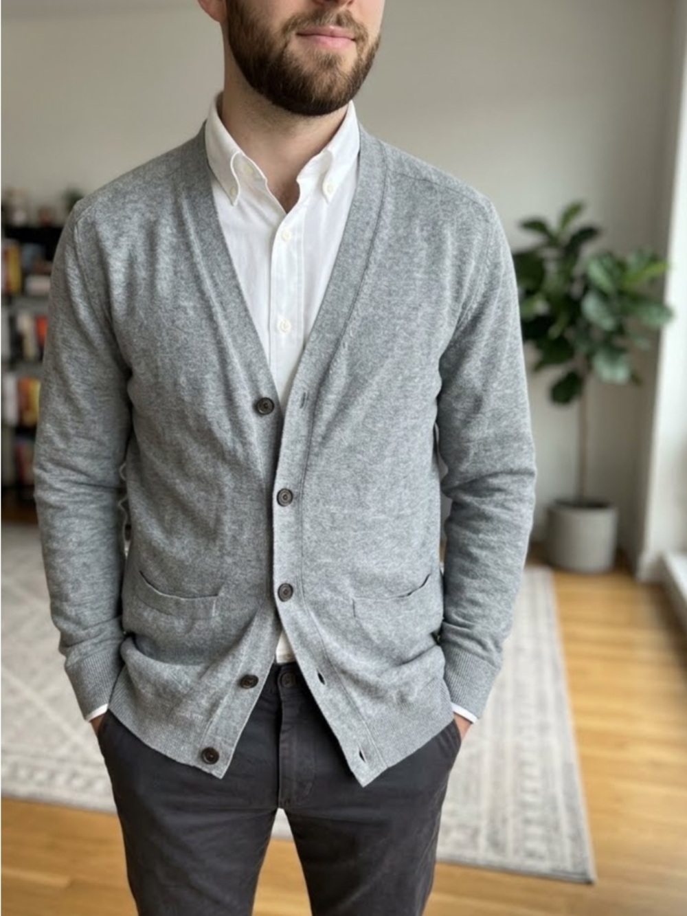 RW&CO. Light Gray V-Neck Button Cardigan